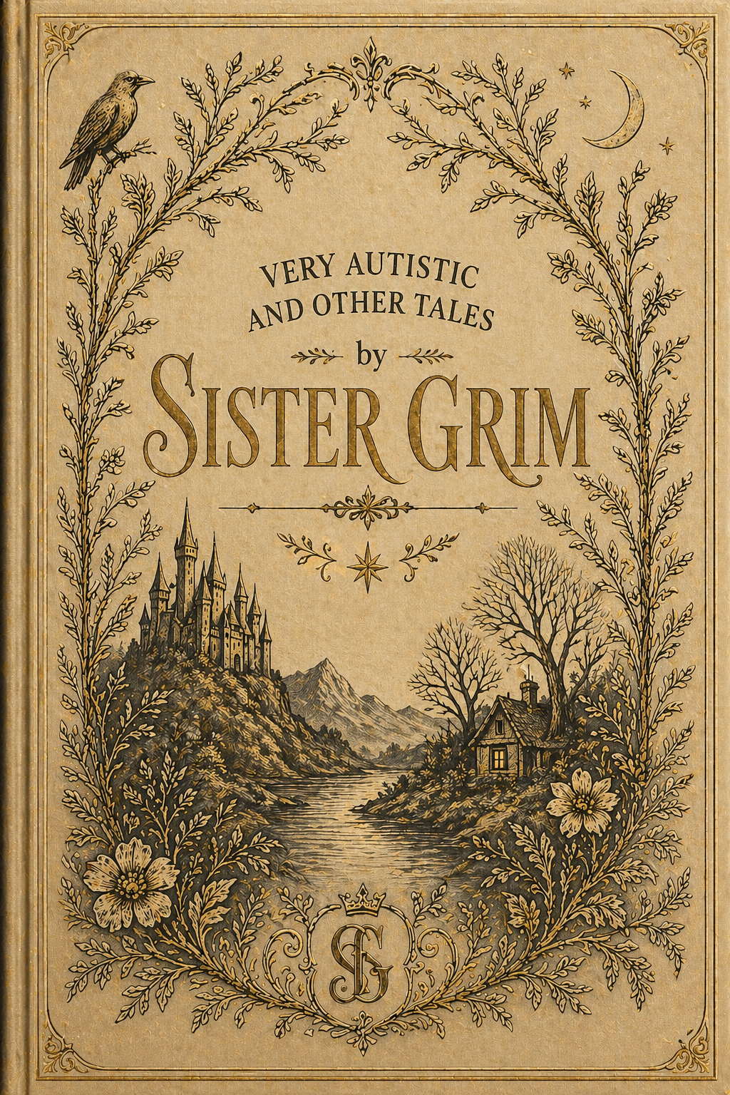Very Autistic and Other Tales by Sister Grim. Victorian style hardcover book illustration with gold lettering on aged parchment. A raven perches top left, a crescent moon top right. Ornate botanical vines frame the image. A castle on a hill and a cottage beside a river are visible in the centre. A crowned SG monogram sits at the bottom.